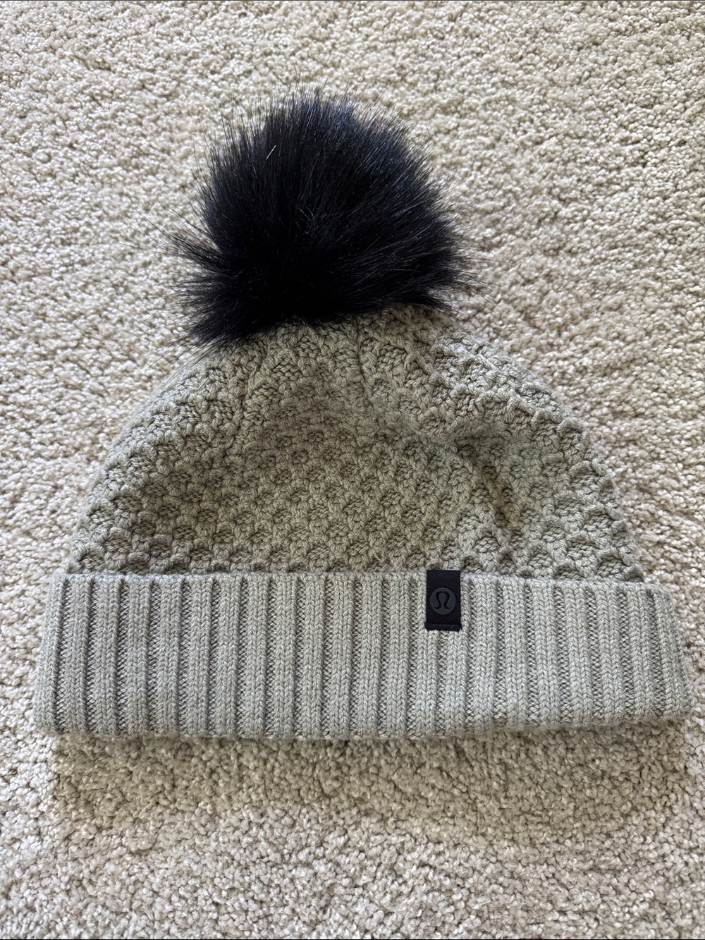 LULULEMON Cream Black Knit Pom Pom Beanie Hat